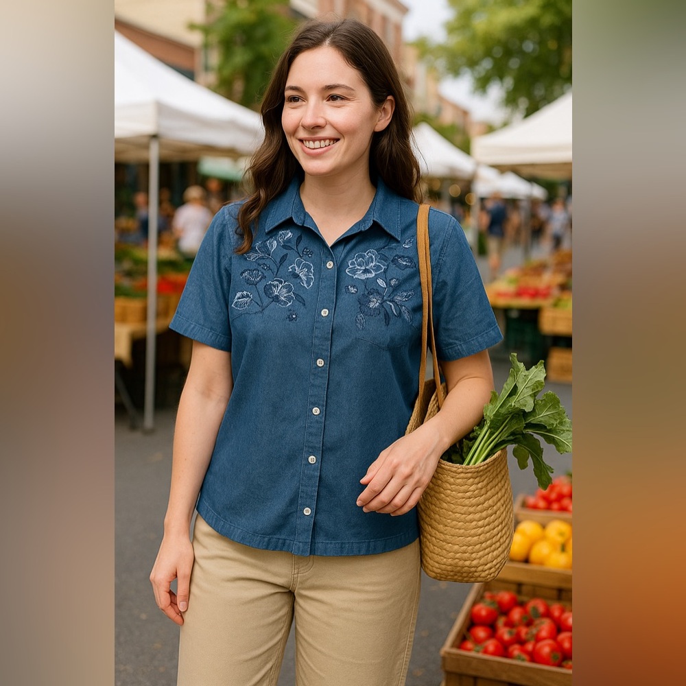 Napa Valley Blue Denim Button-Up Shirt Floral Embroidery Women’s Size L Corron